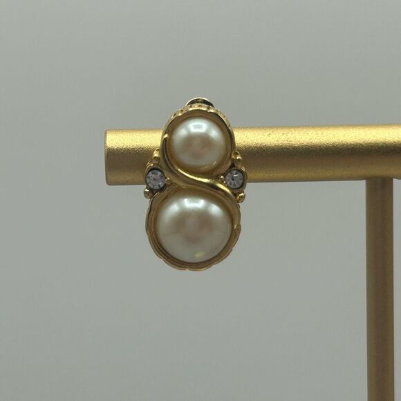 Givenchy Gold Plated Pearl Embellished Clip On Earrings With Rhinestones - Picture 2 of 11
